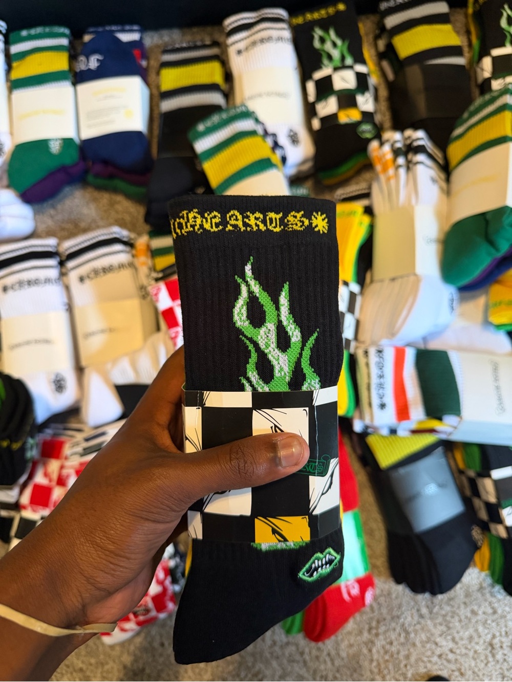 Chrome Hearts Black Crew Socks with Green Flame Accent